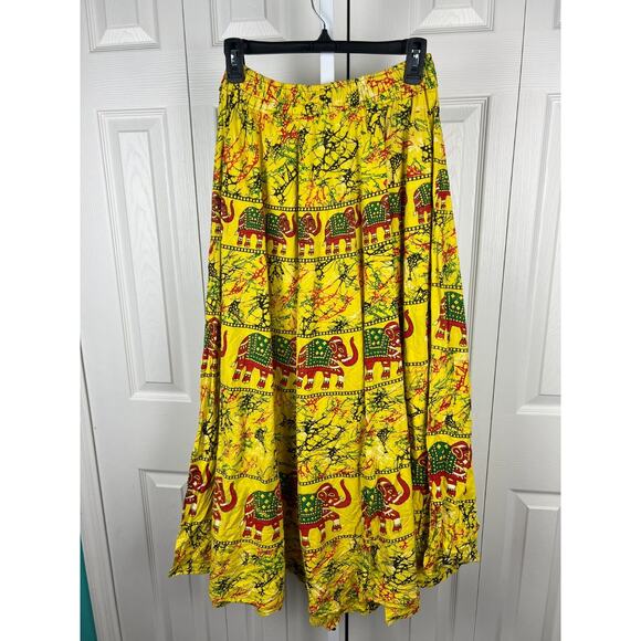 Tropical Bohemian Yellow Tribal Elephant Print Elastic Waist Midi Skirt XS/S - Picture 5 of 6
